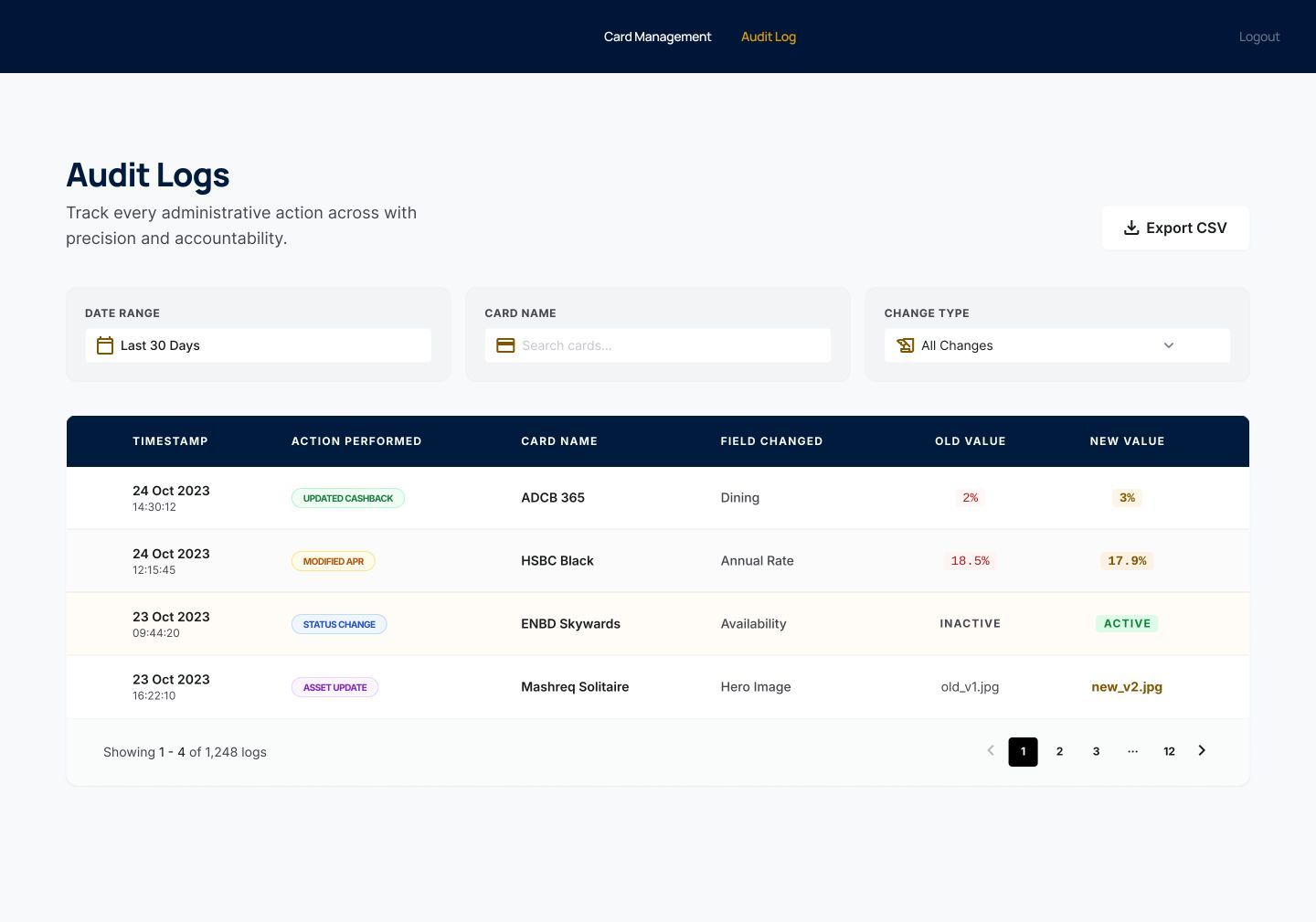 Admin audit log listing changes to cards with old and new values