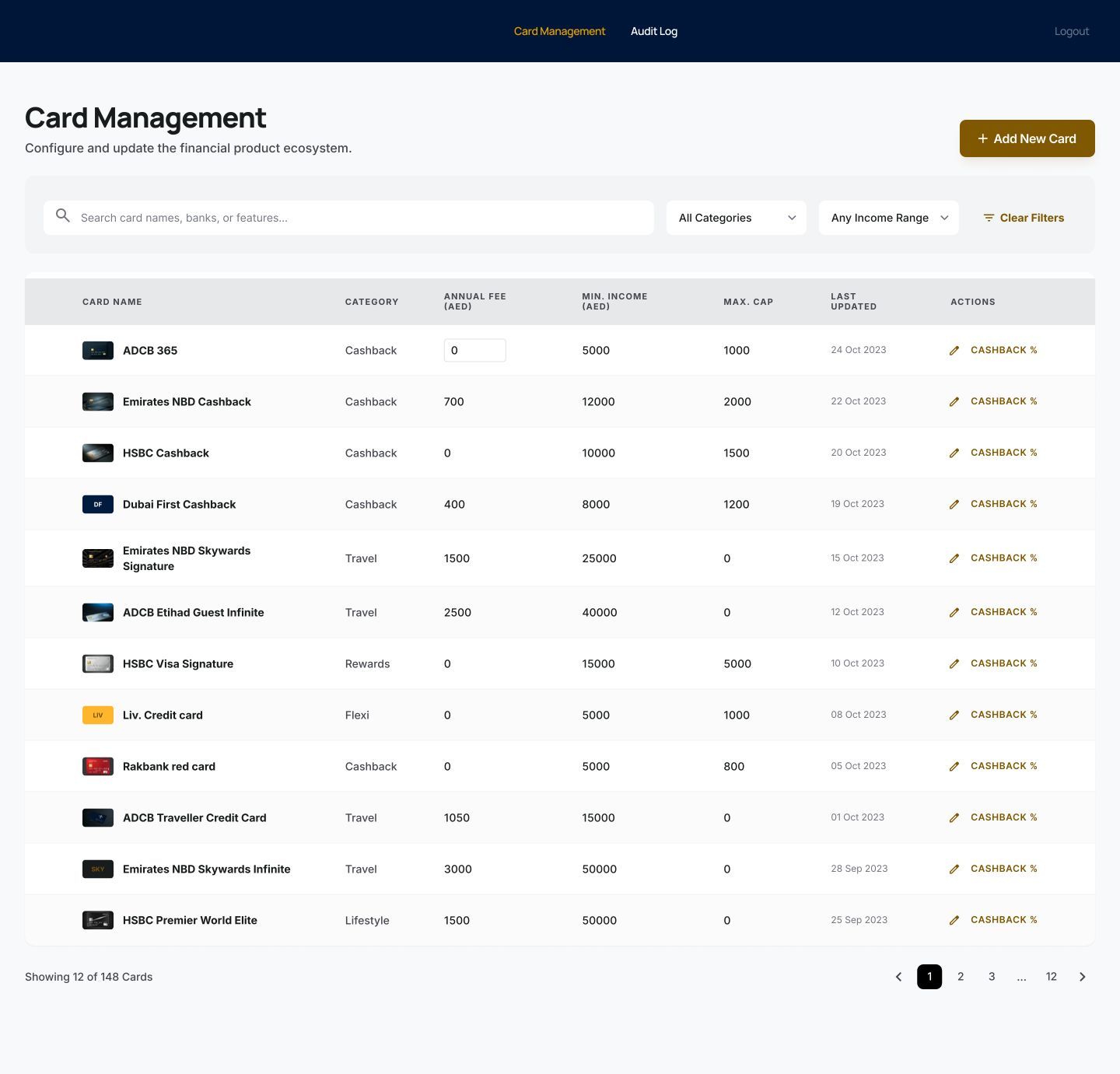 Admin card management table listing cards with category, annual fee, minimum income, cap and last updated date