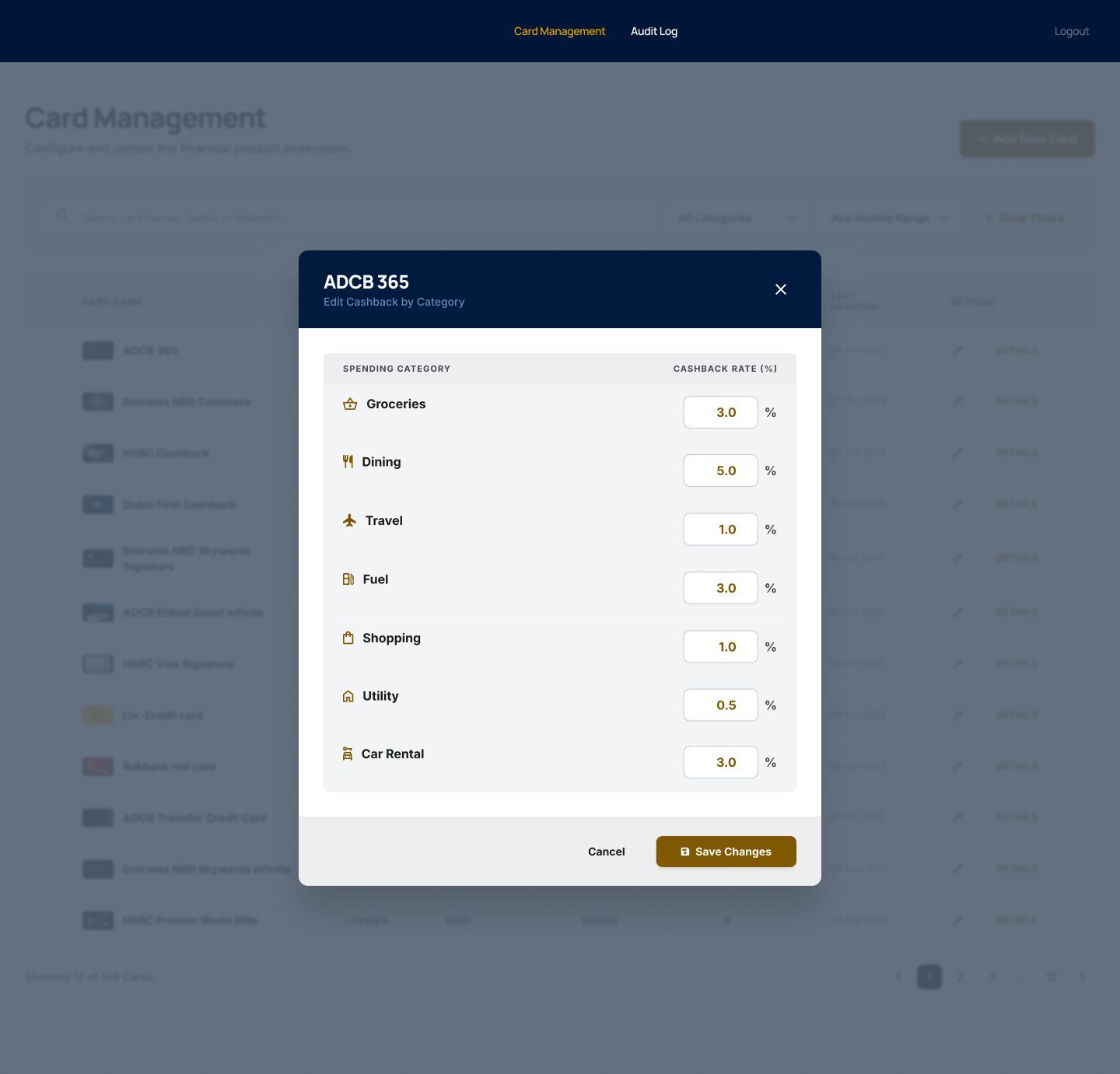 Admin modal for editing a card's cashback rate by spending category