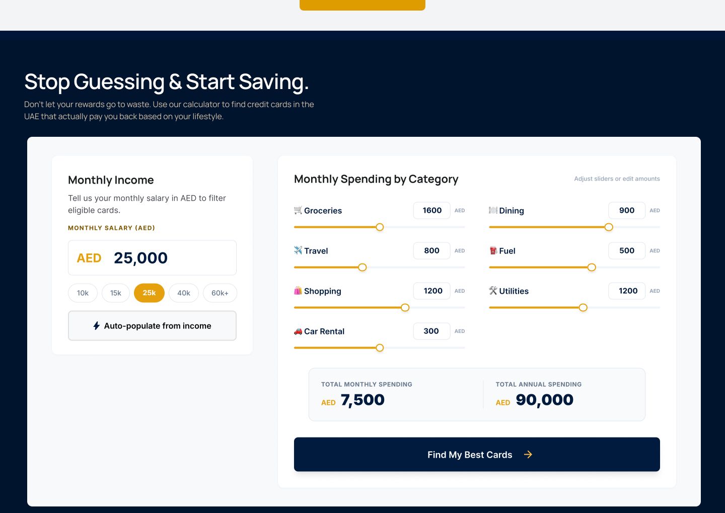 Credit card calculator with monthly income and spending sliders by category, totalling monthly and annual spend