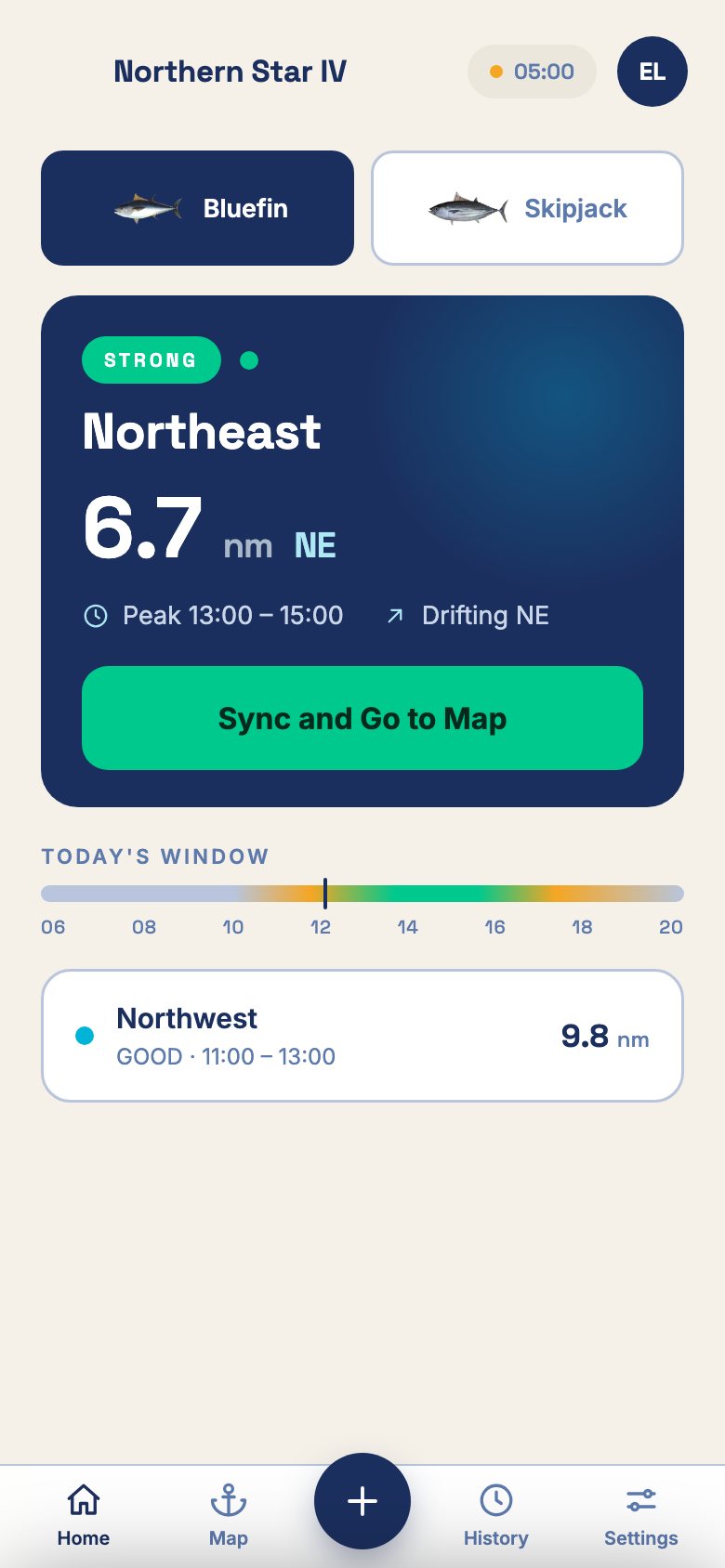 Captain home screen showing today's strong zone and feeding window