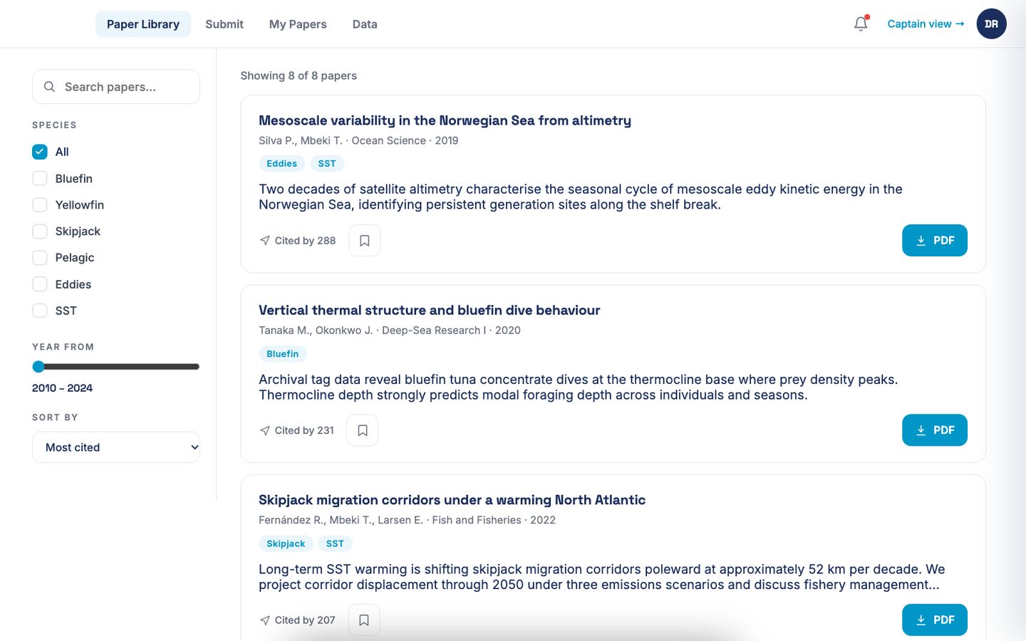 Researcher portal paper library with species filters, year range and papers with citation counts