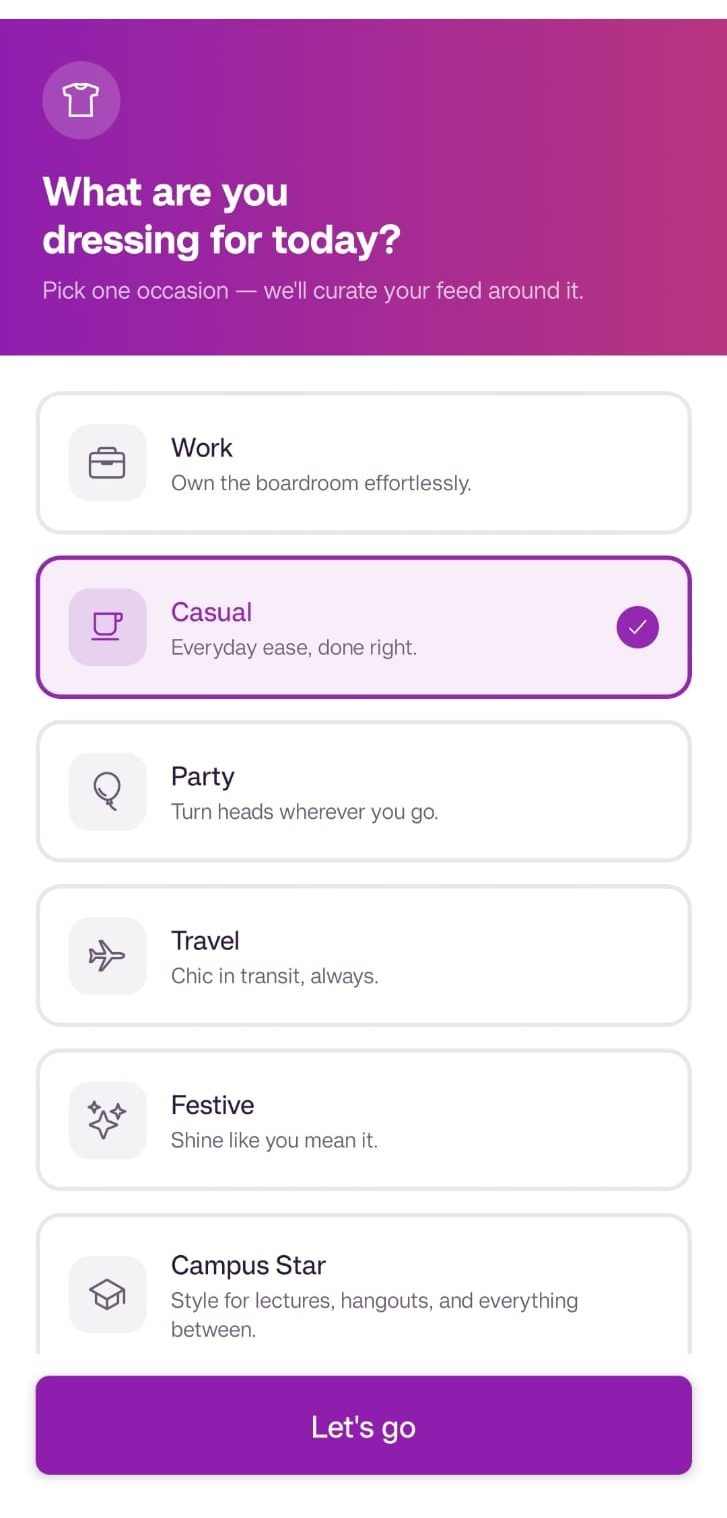 Onboarding: What are you dressing for today, with occasions Work, Casual, Party, Travel, Festive and Campus Star