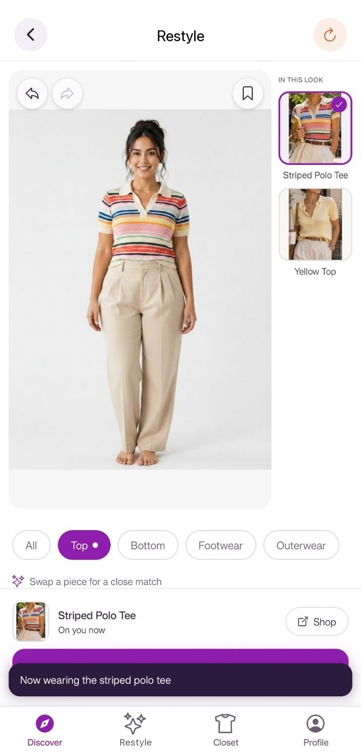 Restyle screen with a striped polo tee swapped onto a body-type-matched model