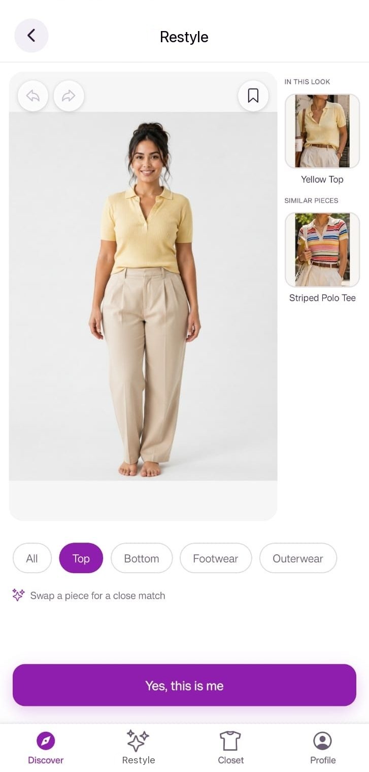 Restyle: a yellow top and beige trousers on a body-type-matched model, with similar pieces to swap